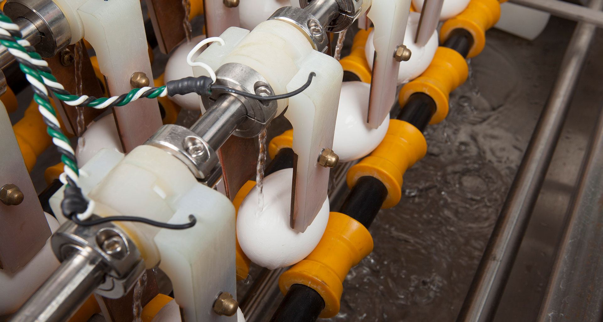 Eggs being rotated in a process chamber while radio frequency energy is pulsed into them to kill Salmonella. 