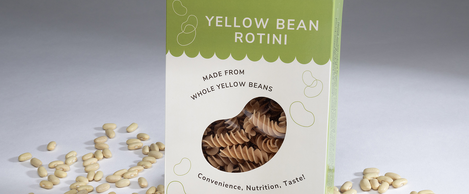 A box of rotini pasta made from yellow beans.