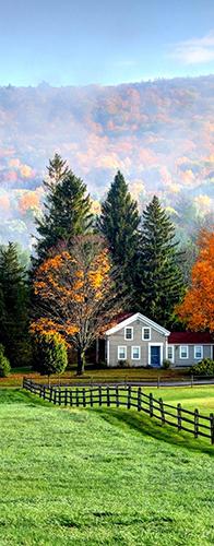 Autumn fog in the village of Tyringham in the Berkshires region of Massachusetts